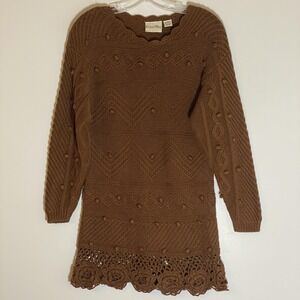 Copper Key Sweater Tunic Juniors Small Brown Bobble Knit Crochet Floral Hem